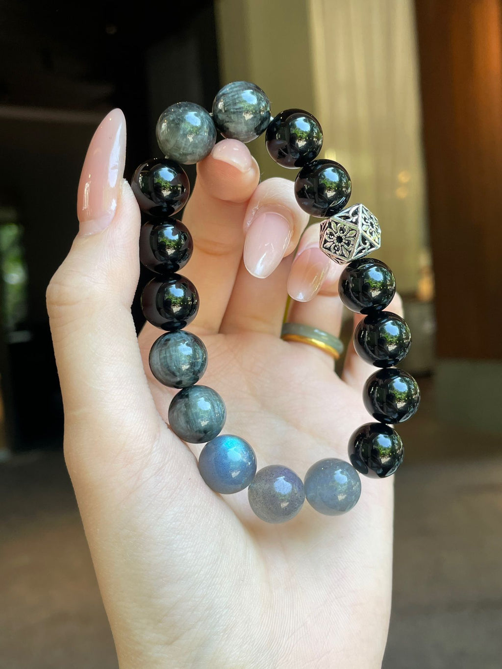 AAPLUS Crystals Protection & Intuition Bracelet - Obsidian, Hawk's Eye, Gray Moonstone