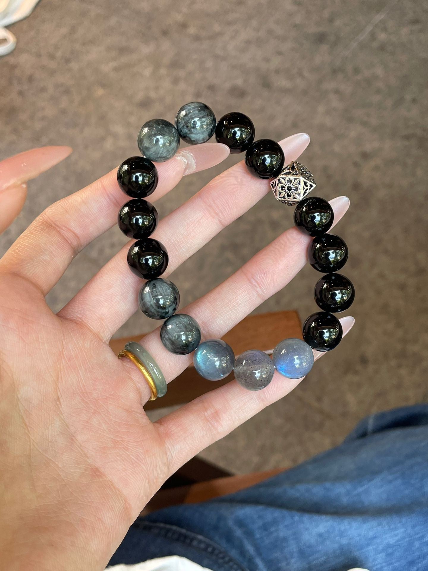 AAPLUS Crystals Protection & Intuition Bracelet - Obsidian, Hawk's Eye, Gray Moonstone