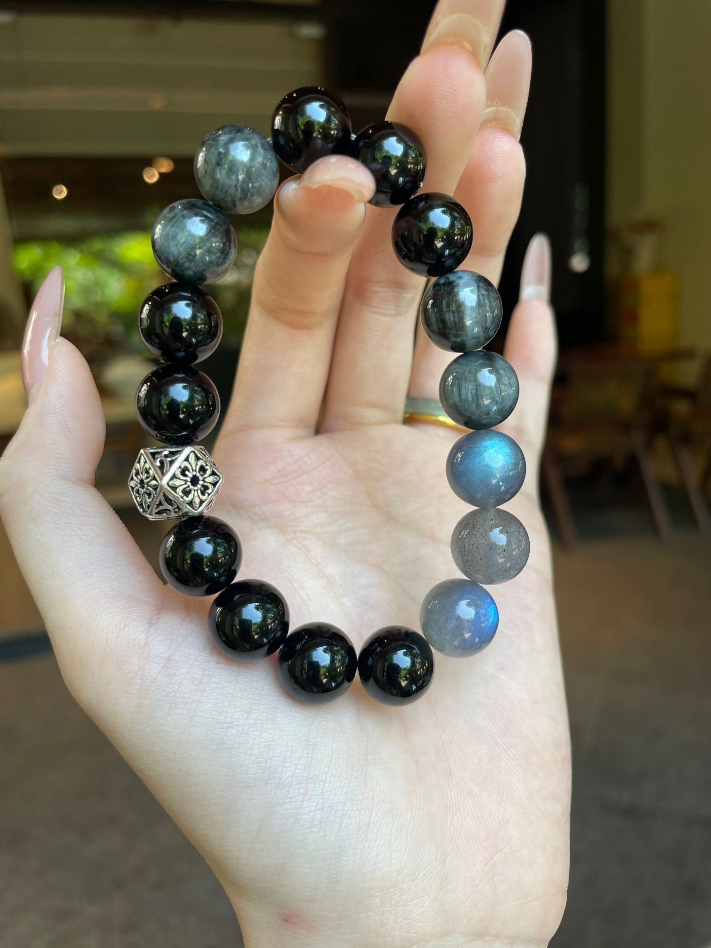 AAPLUS Crystals Protection & Intuition Bracelet - Obsidian, Hawk's Eye, Gray Moonstone