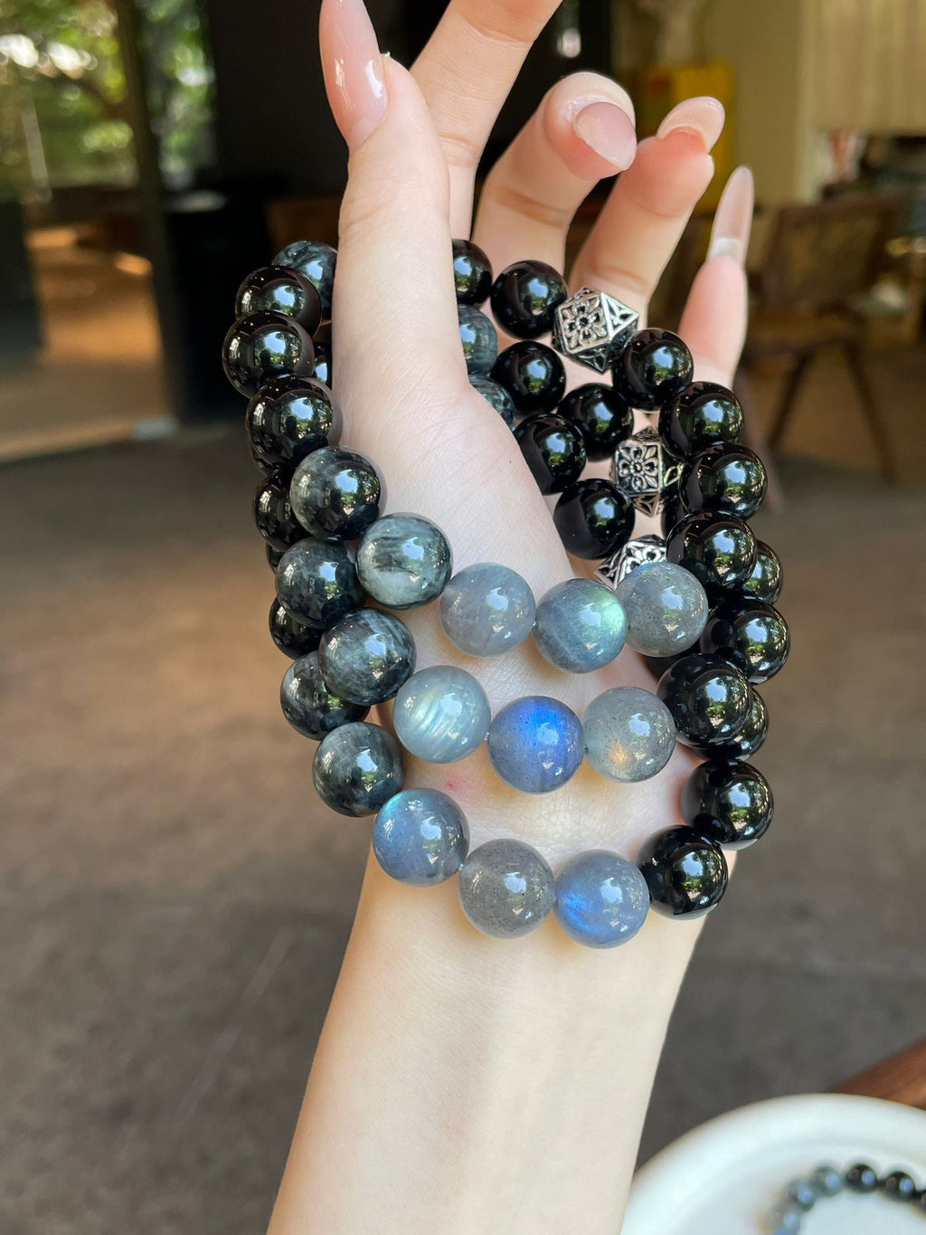 AAPLUS Crystals Protection & Intuition Bracelet - Obsidian, Hawk's Eye, Gray Moonstone