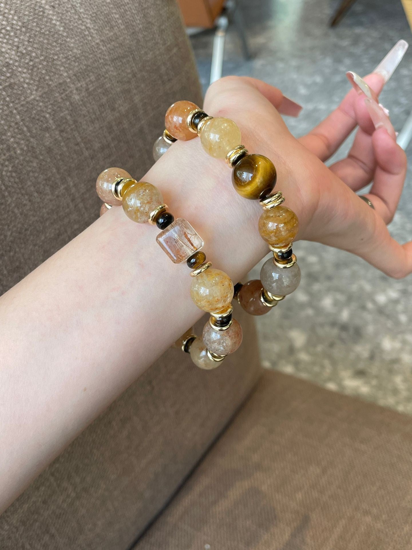 AAPLUS Crystals - Layered Aventurine Tiger Eye Abacus Bracelet with Black Gold Accent