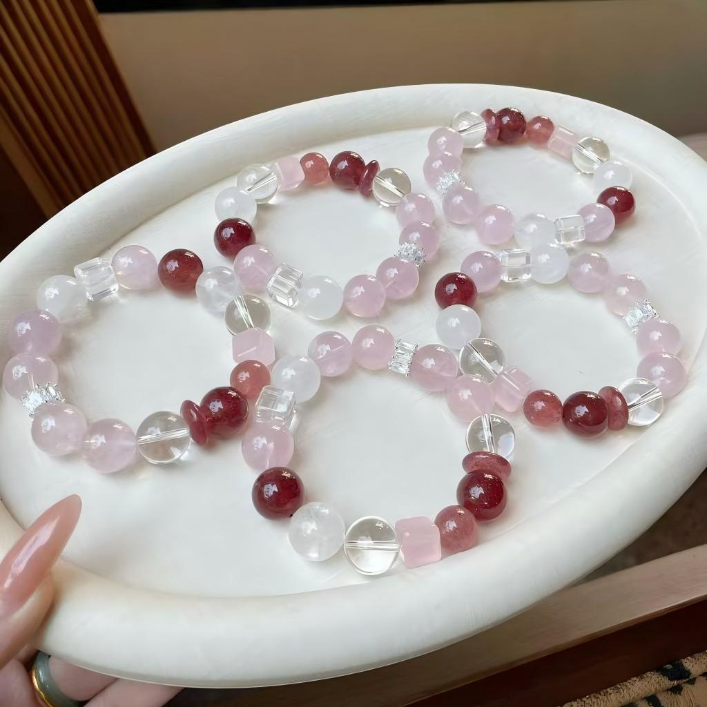 AAPLUS Crystals Strawberry Quartz White Phantom Rose Quartz Clear Crystal Energy Bracelet - Copper Fittings