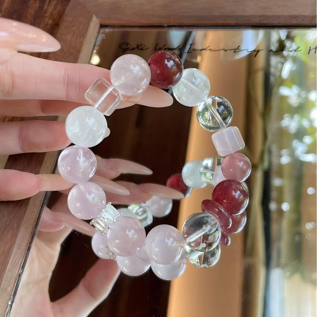 AAPLUS Crystals Strawberry Quartz White Phantom Rose Quartz Clear Crystal Energy Bracelet - Copper Fittings