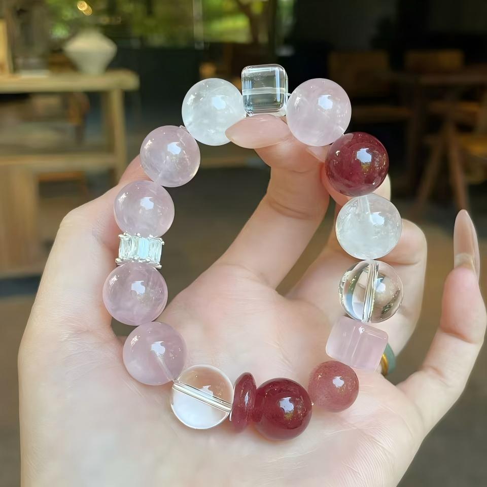AAPLUS Crystals Strawberry Quartz White Phantom Rose Quartz Clear Crystal Energy Bracelet - Copper Fittings