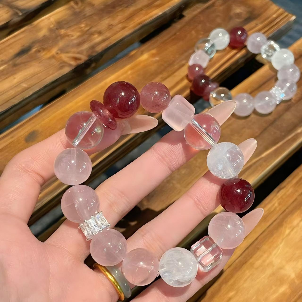 AAPLUS Crystals Strawberry Quartz White Phantom Rose Quartz Clear Crystal Energy Bracelet - Copper Fittings