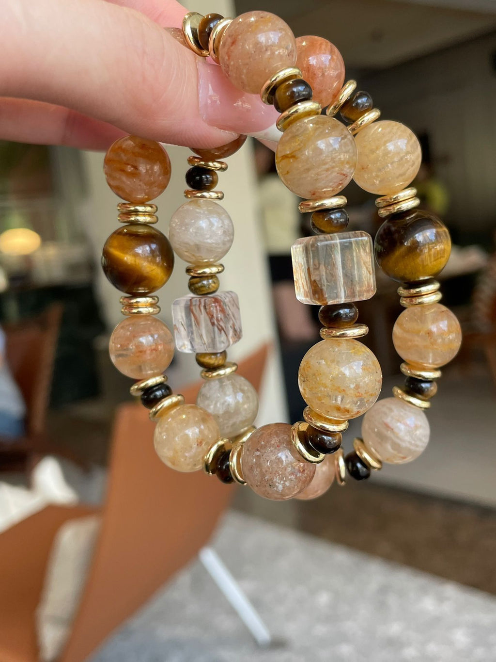 AAPLUS Crystals - Layered Aventurine Tiger Eye Abacus Bracelet with Black Gold Accent