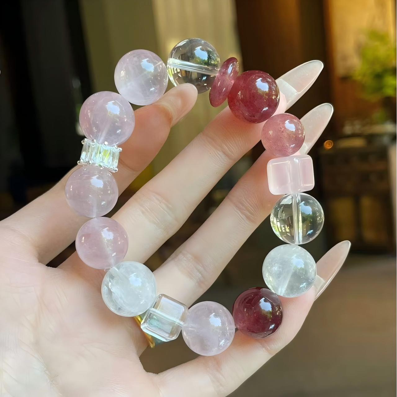 AAPLUS Crystals Strawberry Quartz White Phantom Rose Quartz Clear Crystal Energy Bracelet - Copper Fittings