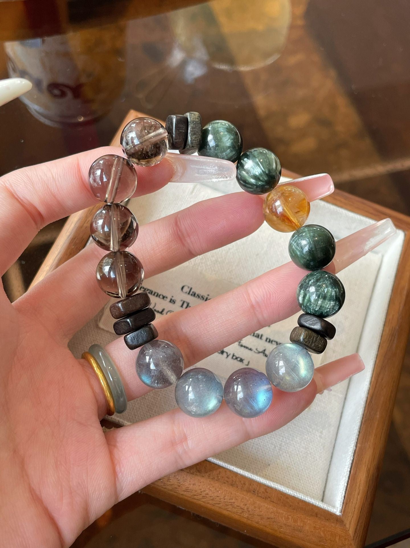 AAPLUS Crystals - Balancing & Good Fortune Crystal Bracelet (Tea Quartz, Gray Moonstone, Green Dragonstone, Citrine)