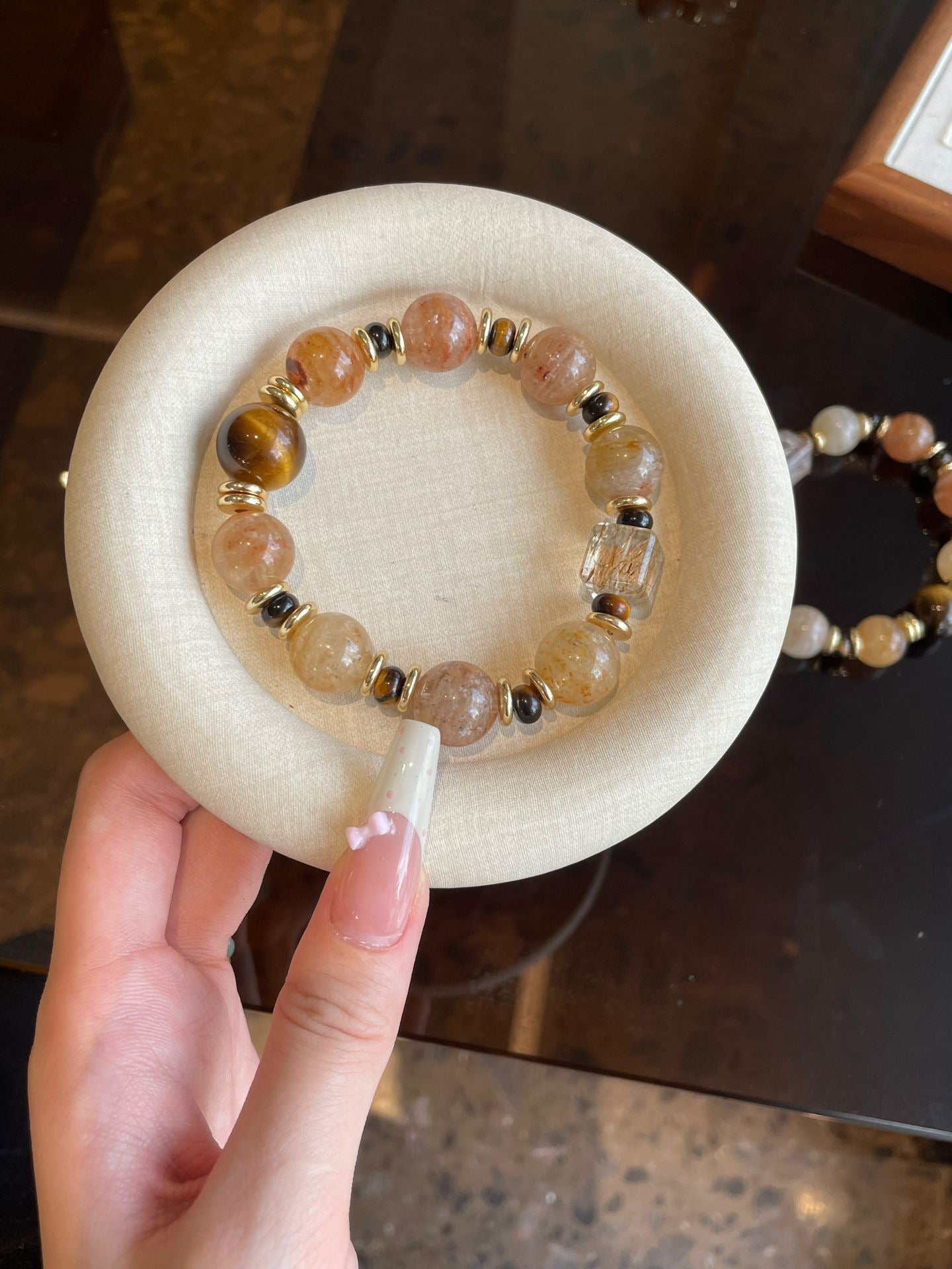 AAPLUS Crystals - Layered Aventurine Tiger Eye Abacus Bracelet with Black Gold Accent