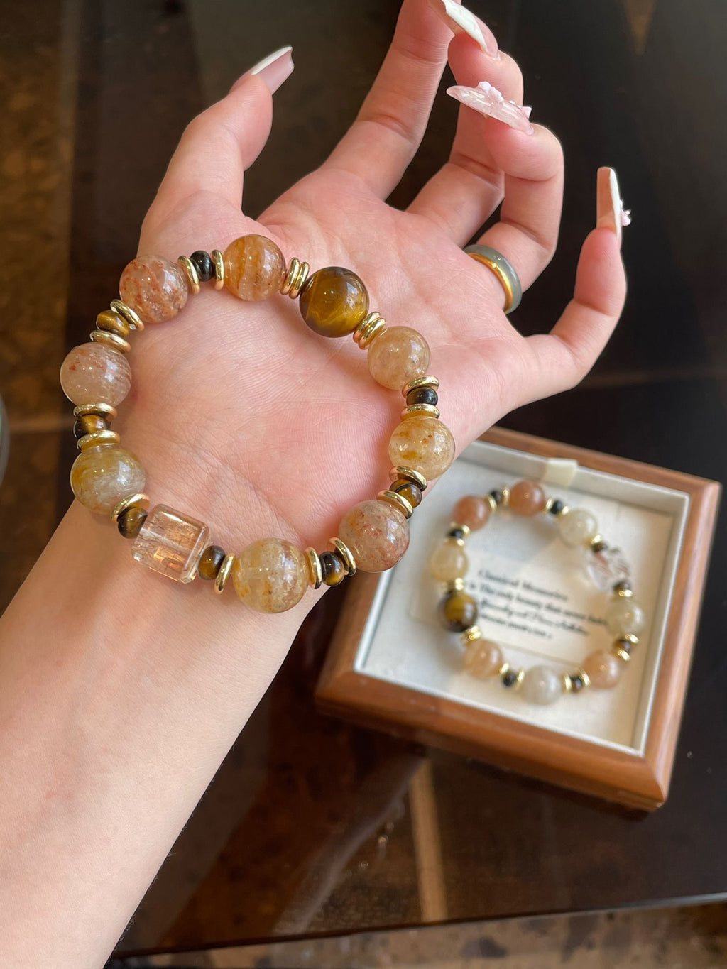 AAPLUS Crystals - Layered Aventurine Tiger Eye Abacus Bracelet with Black Gold Accent