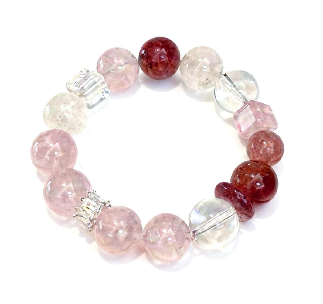 Strawberry Quartz, White Phantom Quartz, Rose Quartz Stretch Bracelet