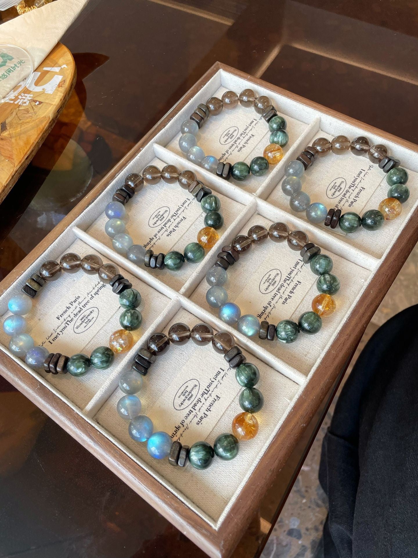 AAPLUS Crystals - Balancing & Good Fortune Crystal Bracelet (Tea Quartz, Gray Moonstone, Green Dragonstone, Citrine)