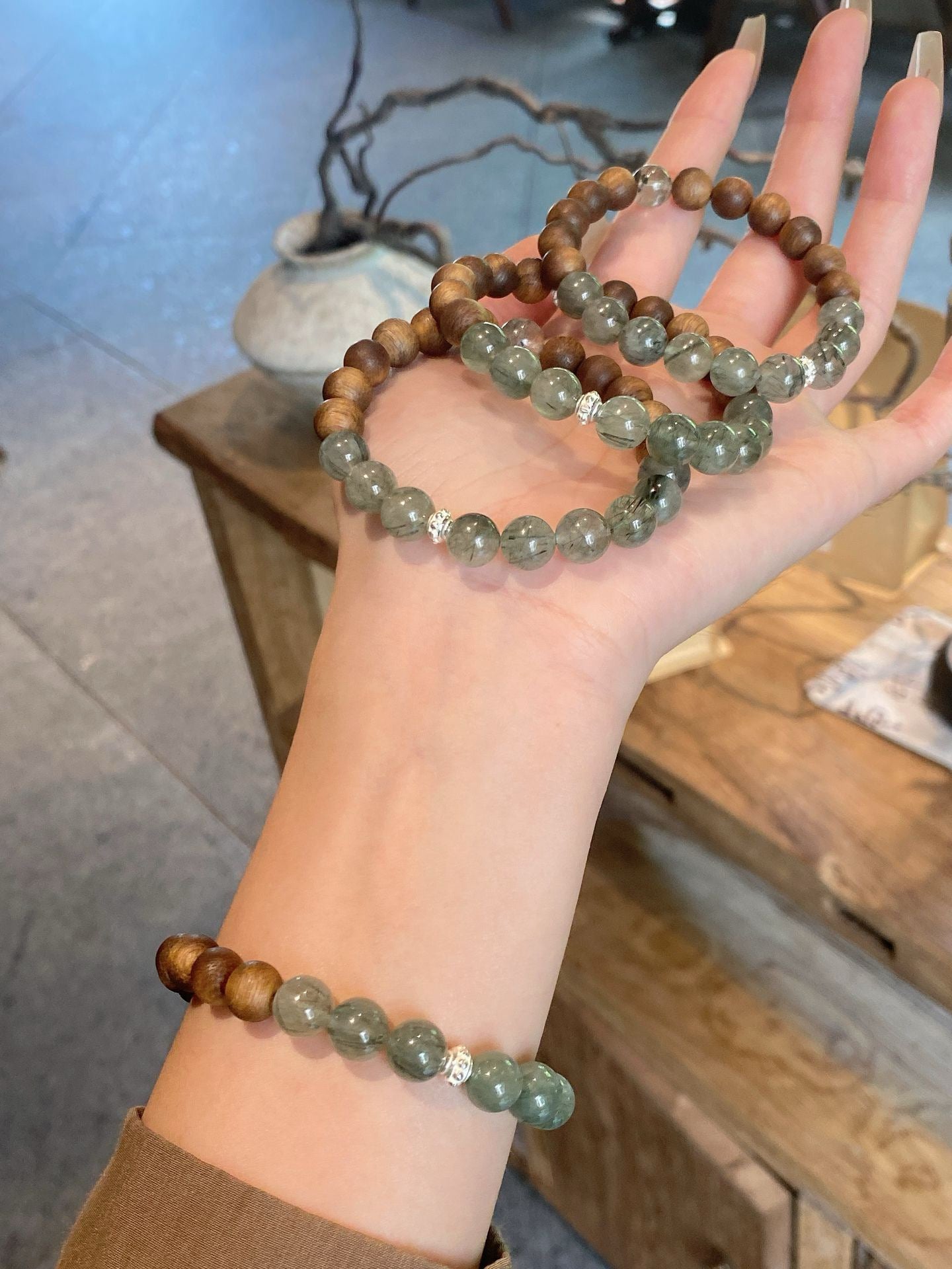 AAPLUS Crystals | Green Phantom & Green Rutilated Quartz with Kyara Agarwood Bracelet