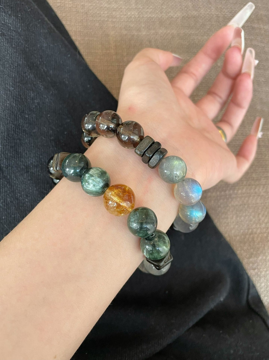 AAPLUS Crystals - Balancing & Good Fortune Crystal Bracelet (Tea Quartz, Gray Moonstone, Green Dragonstone, Citrine)