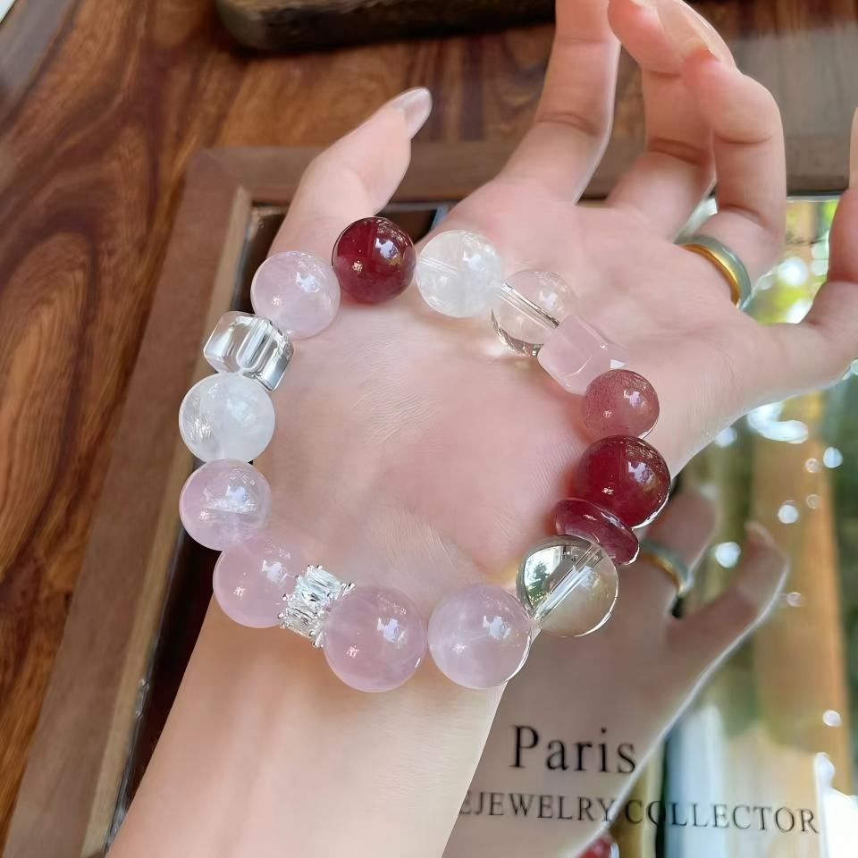AAPLUS Crystals Strawberry Quartz White Phantom Rose Quartz Clear Crystal Energy Bracelet - Copper Fittings