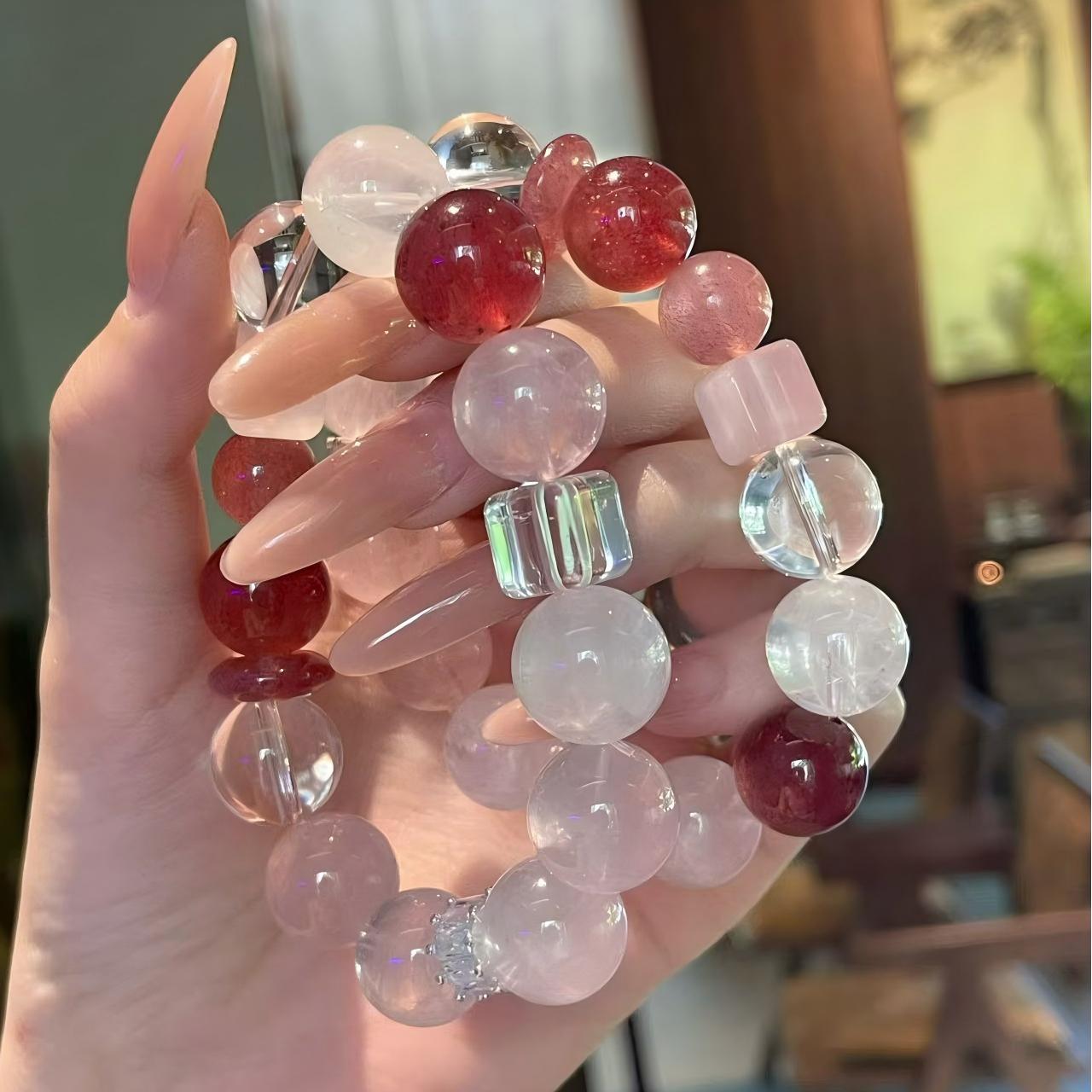 AAPLUS Crystals Strawberry Quartz White Phantom Rose Quartz Clear Crystal Energy Bracelet - Copper Fittings